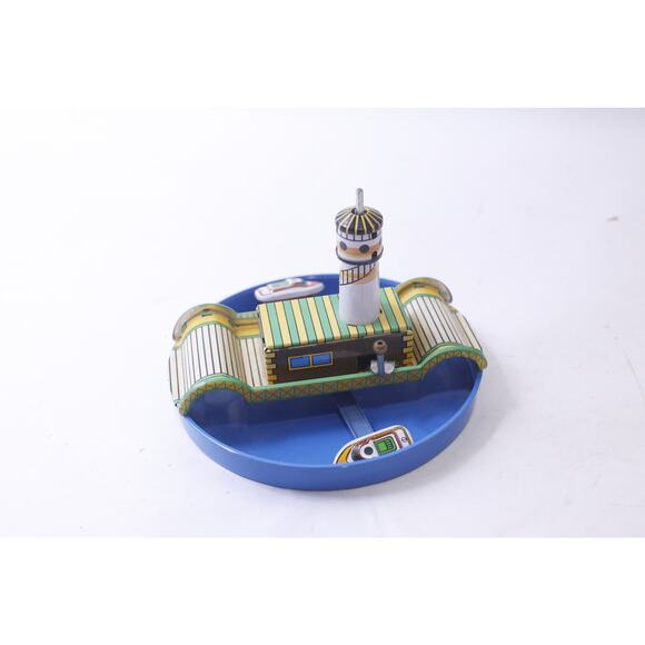 Wind-up Boat Carousel with a Lighthouse, 5 inches Round Tin Toy, Vintage, - Picture 2 of 3